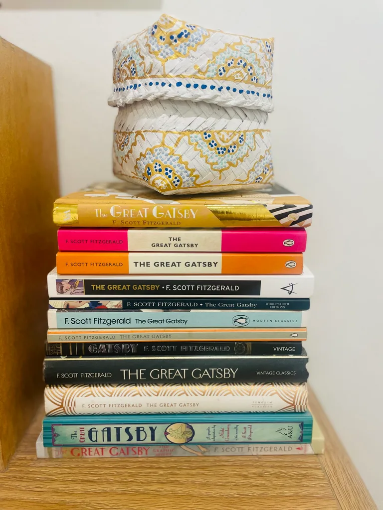 Samera Kamaleddine's collection of The Great Gatsby book copies, found on her travels of the world