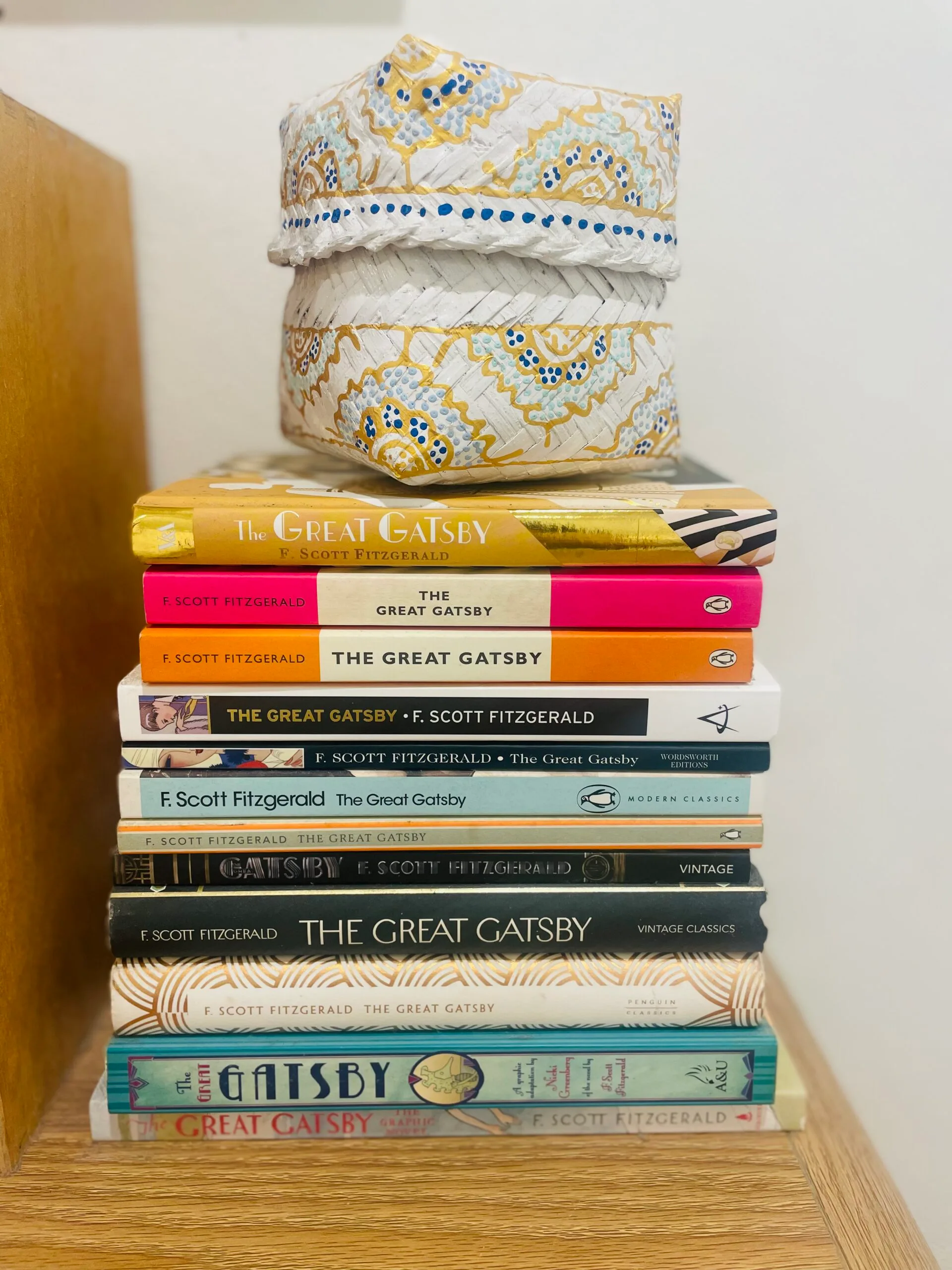 Samera Kamaleddine's collection of The Great Gatsby book copies, found on her travels of the world