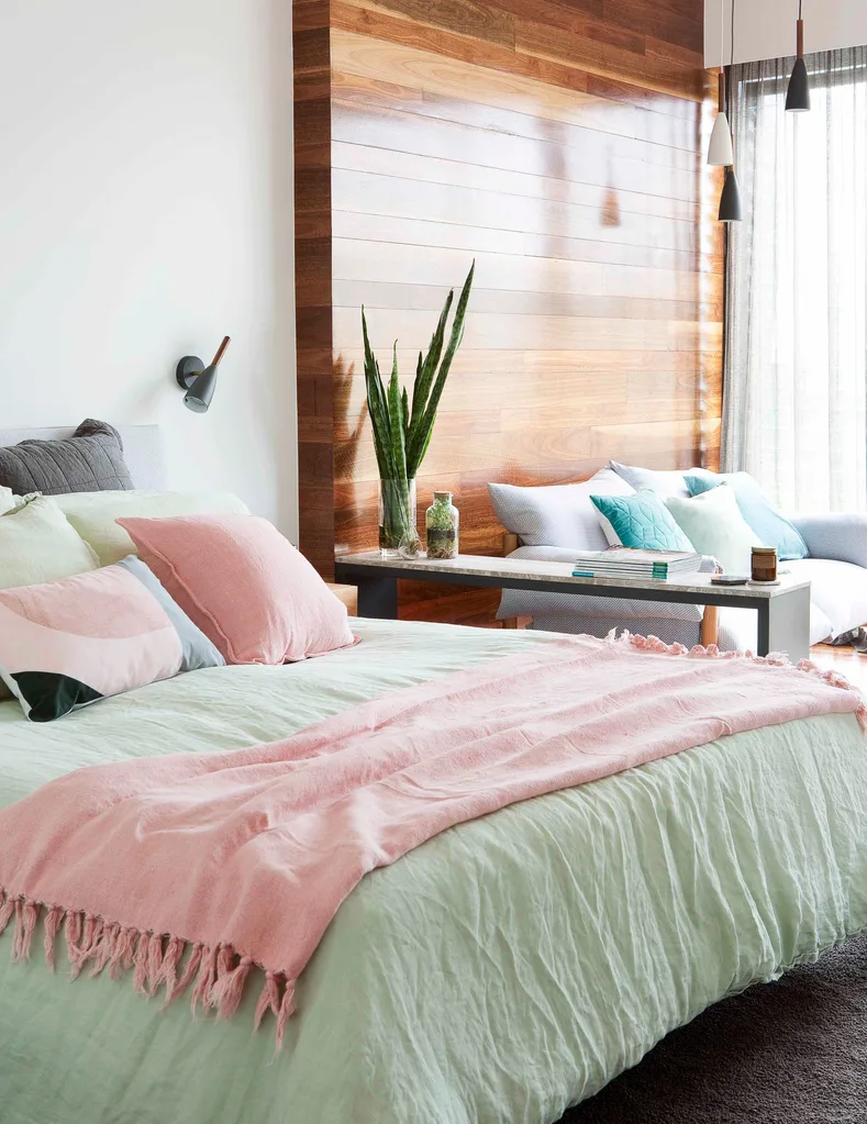 master bedroom with timber panelling