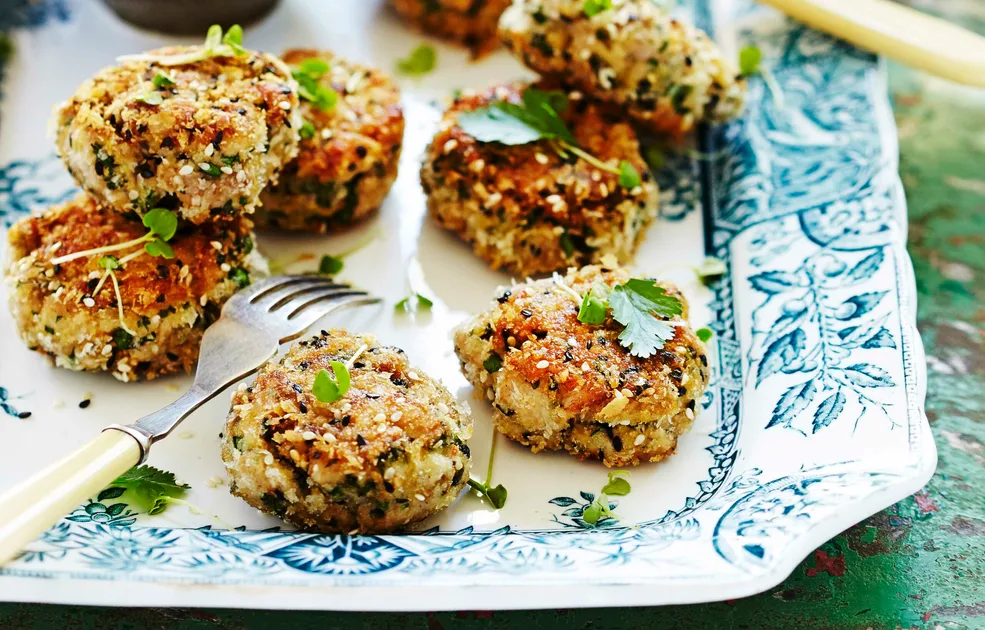 Tuna, ginger & herb cakes with yoghurt sauce Recipe | Home Beautiful