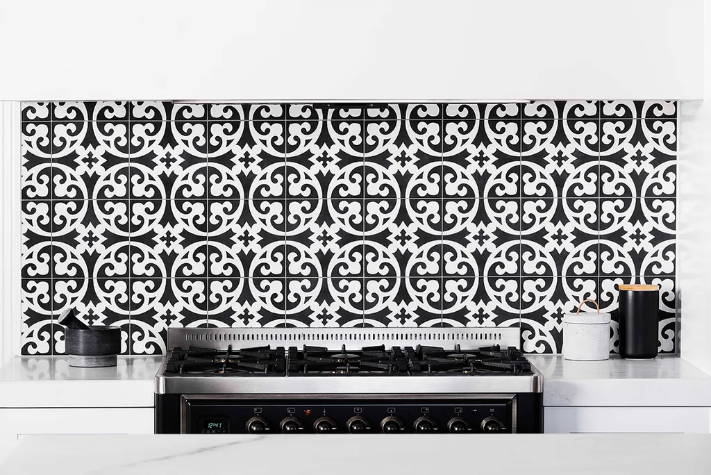 Black and white tiled kitchen