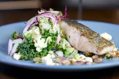 Blue eye cod with fresh greens, dukkah and lemon & feta dressing