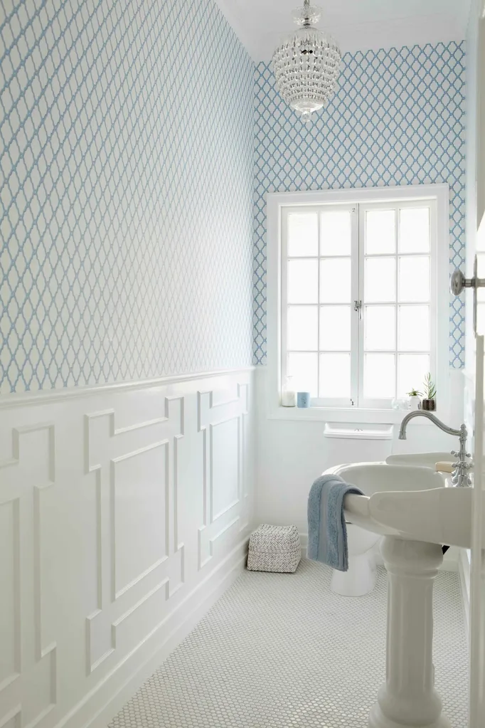 glamorous bathroom with chandelier