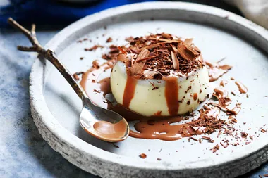 White chocolate panna cotta with mocha sauce