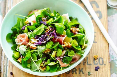 Watercress, broad bean & prosciutto salad