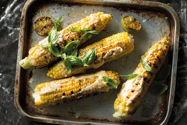 Whole grilled corn, with miso & lime aioli & basil