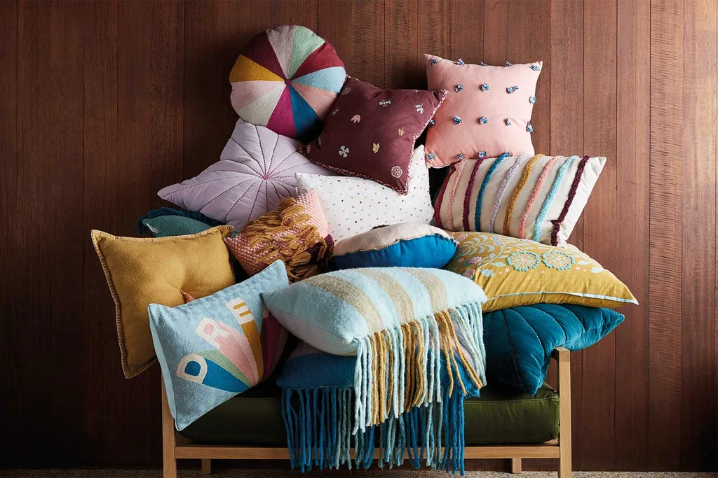 Incorporating artisanal methods of making, from embroidery, chain-stitch, hand-weaving and screen printing, to beadwork, tassels, shag and tufting, the range includes textural pieces and must-have colours to delight and contrast in your home.