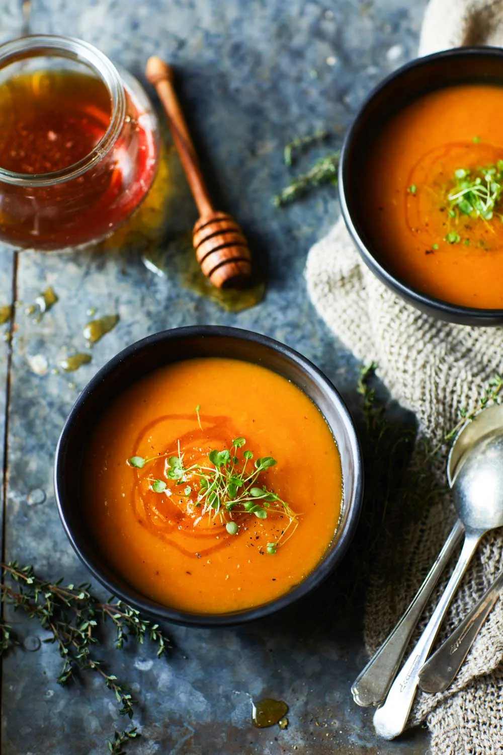 Roasted carrot, pumpkin, ginger and honey soup