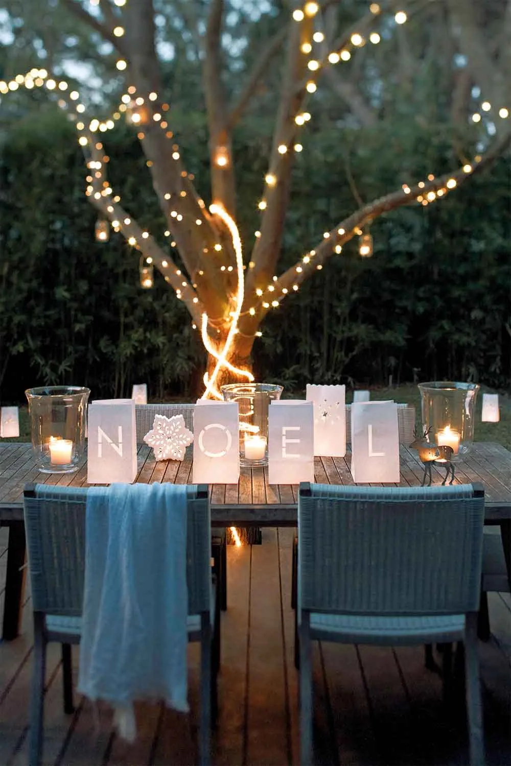 Christmas fairy lights in tree with Noel votive lights