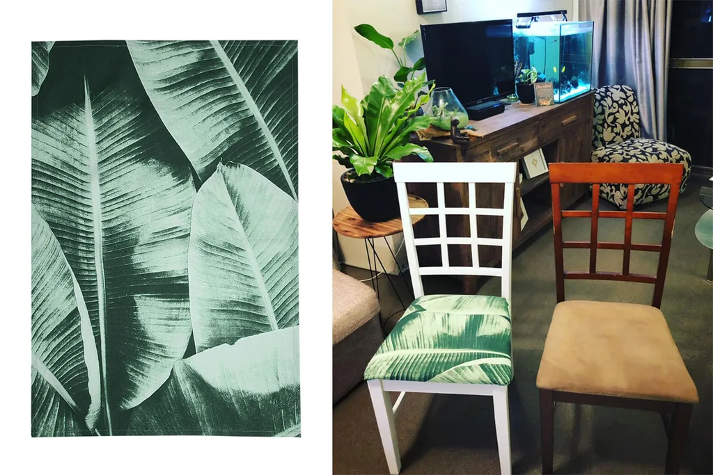 The banana palm print, meanwhile, triggered a “lightbulb moment” for Gold Coast woman Katie Matheson, who used the tea-towel to re-upholster her dining room chairs