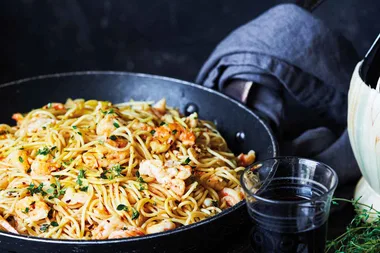 Garlic prawn spaghettini with saffron and thyme butter