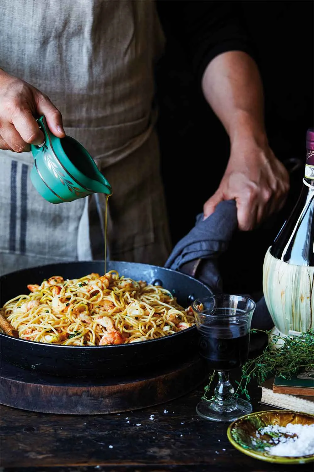 Garlic prawn spaghettini with saffron and thyme butter