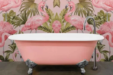 This flamingo-coloured clawfoot bath just made all your Palm Springs dreams come true