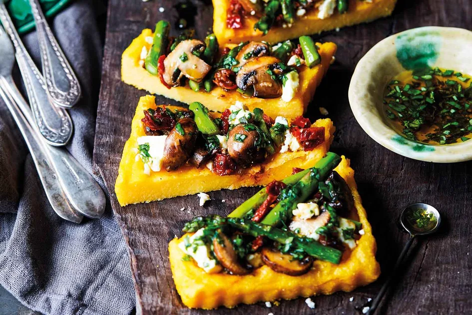 Baked polenta tart with asparagus, mushrooms and feta Recipe | Home Beautiful