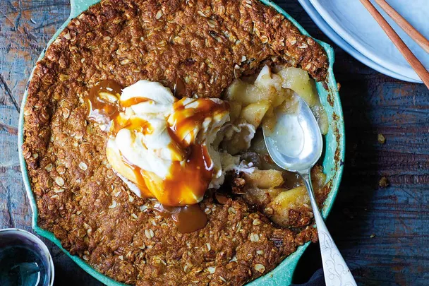 Anzac biscuit-topped apple crumble for the weekend