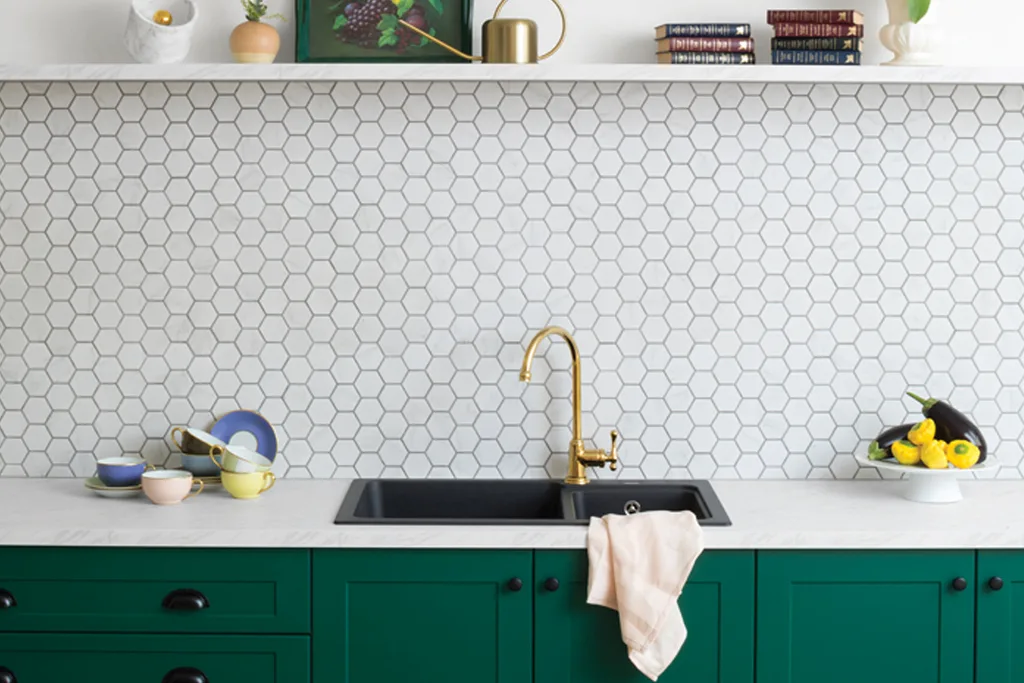 Kaboodle royal green kitchen sink and honeycomb splashback