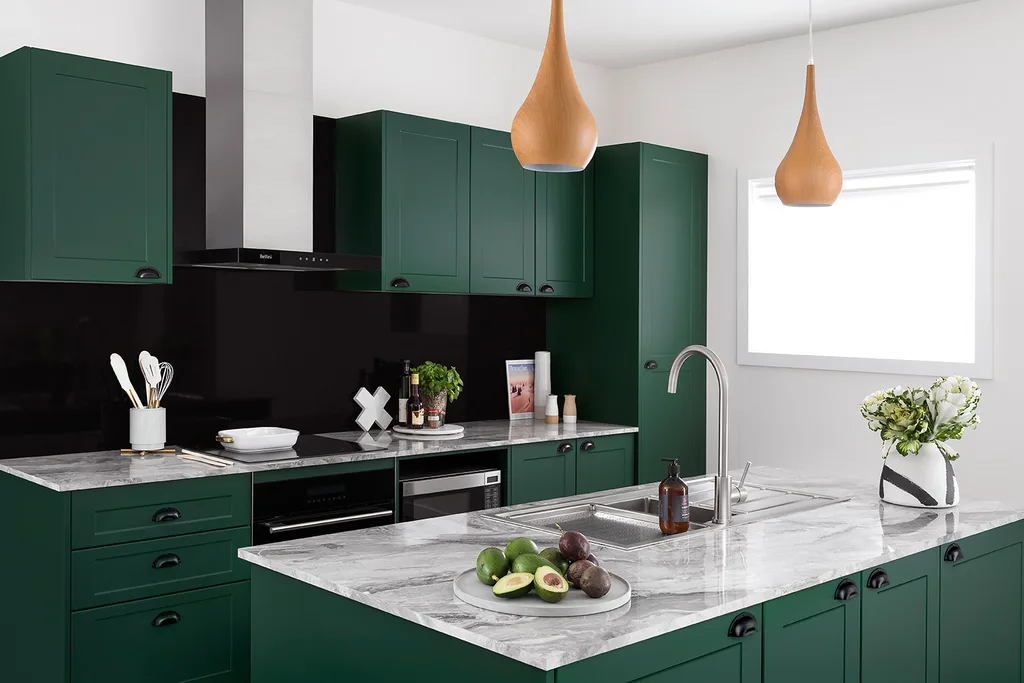 Green with envy! A colourful kitchen brightens up the most in-demand room in the house.
