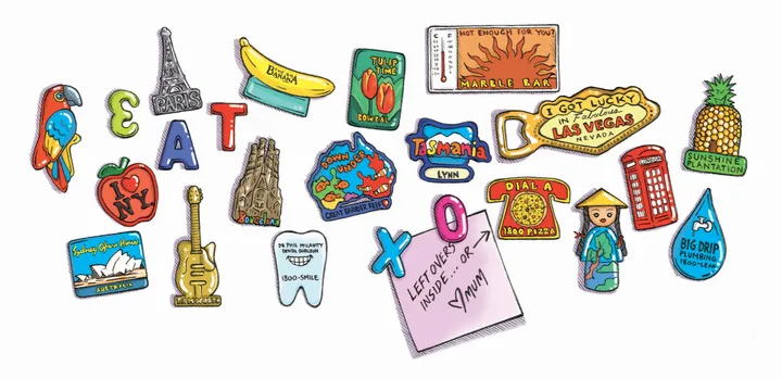 Colorful travel-themed refrigerator magnets and a note from "Mum" with "Leftovers inside" message.