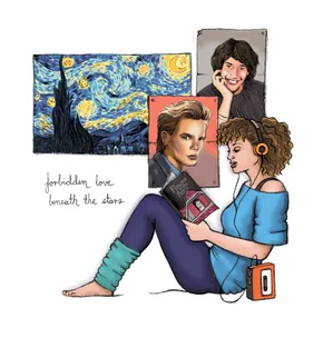 A girl with headphones reads "Flowers for Algernon," sitting near art and two photos. Text: "forbidden love beneath the stars."