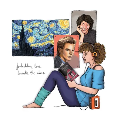 A girl with headphones reads "Flowers for Algernon," sitting near art and two photos. Text: "forbidden love beneath the stars."