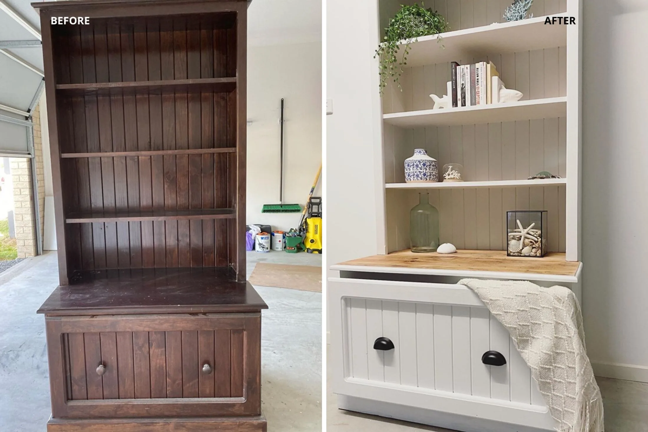 Amazing Hack Transforming an Old Bookcase to Coastal Chic