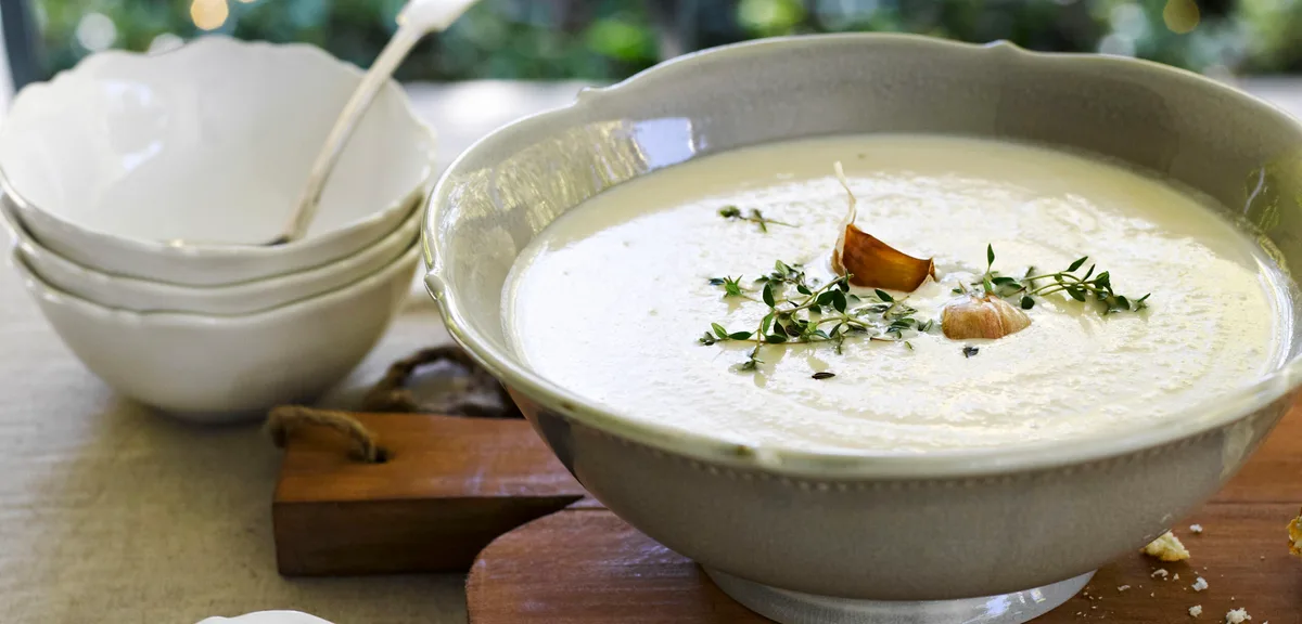 Cauliflower, parsnip & fennel soup with roasted garlic Recipe | Home Beautiful
