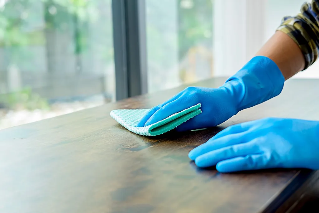 Blue gloves cleaning bench