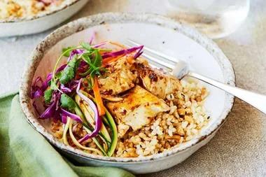 Baked tofu with chilli jam and brown rice, sesame and almond salad