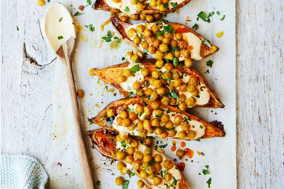 Roasted sweet potatoes with turmeric spiced chickpeas Recipe | Home Beautiful