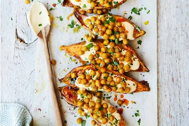 Roasted sweet potatoes with tumeric spiced chickpeas