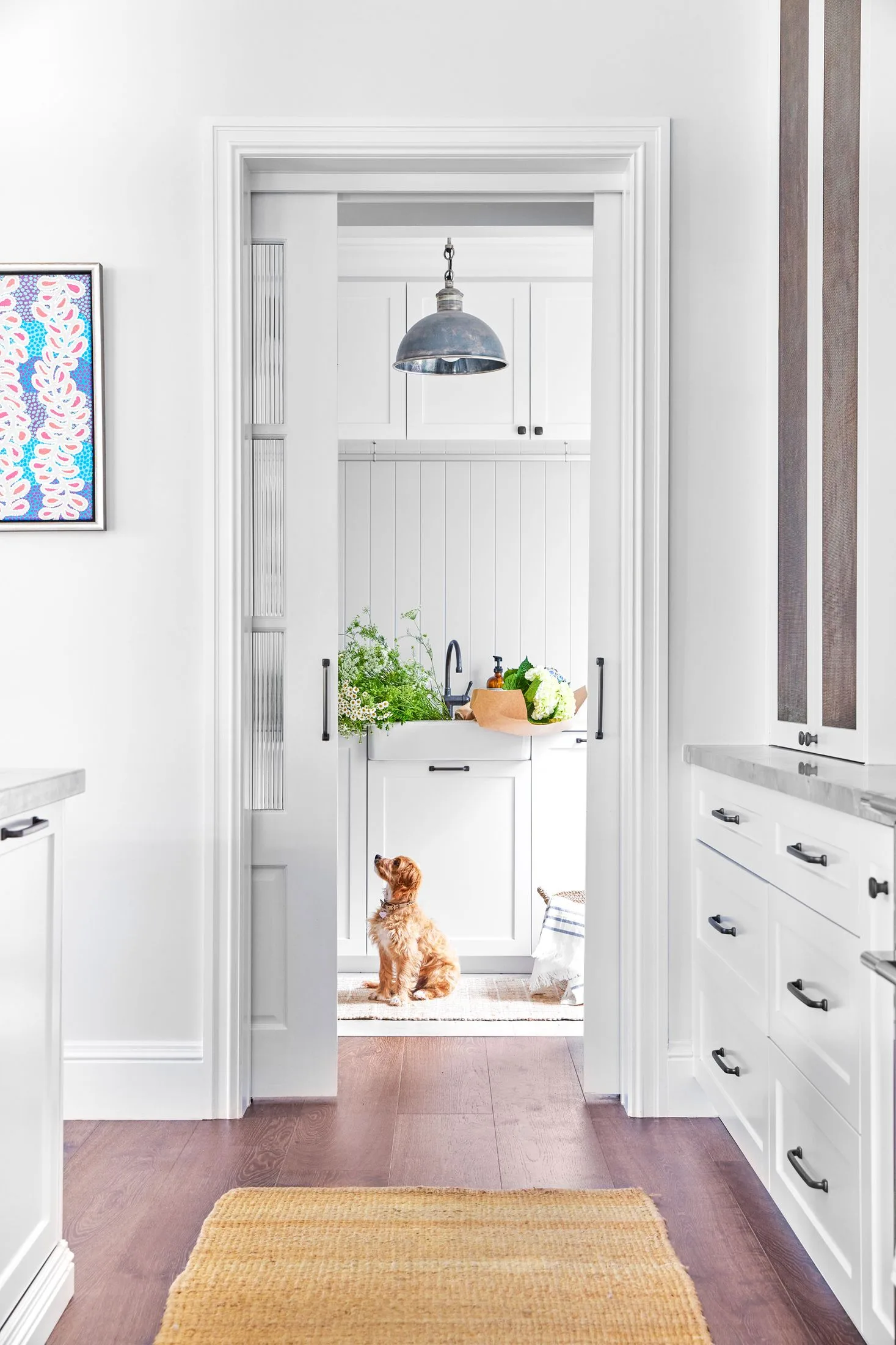 white kitchen butlers pantry with dog