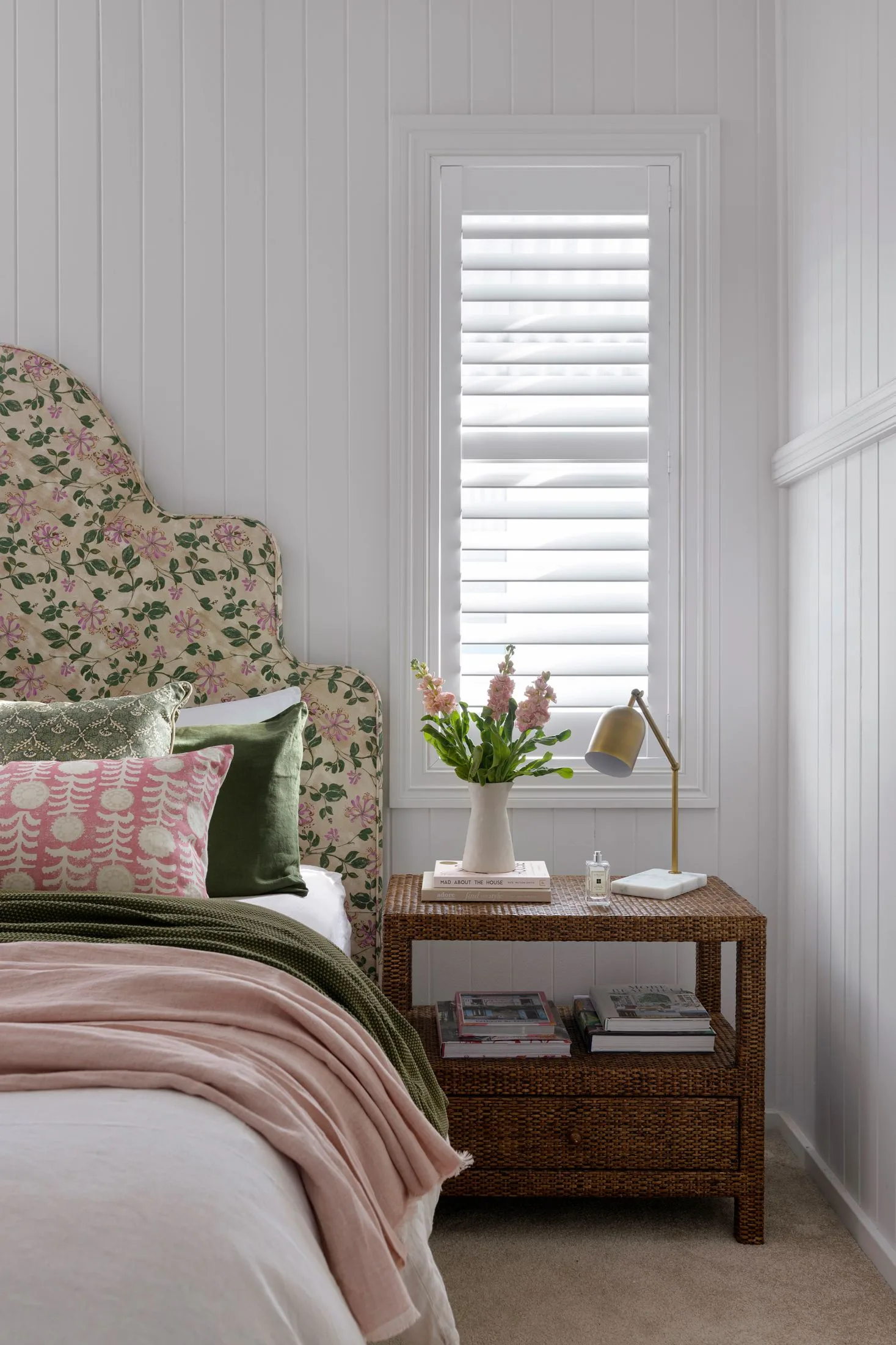 queenslander bedroom floral upholstered bedhead