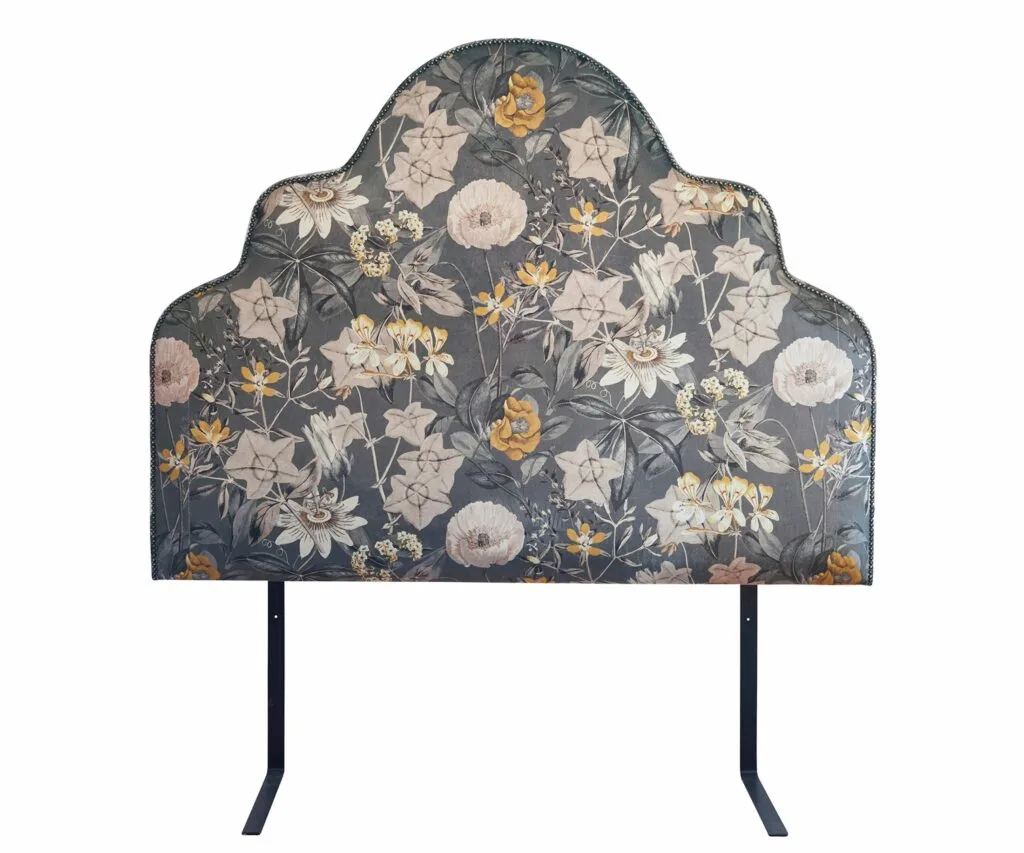 Giselle’ bedhead in Flora charcoal velvet, from $1730/ queen, Heatherly Design.