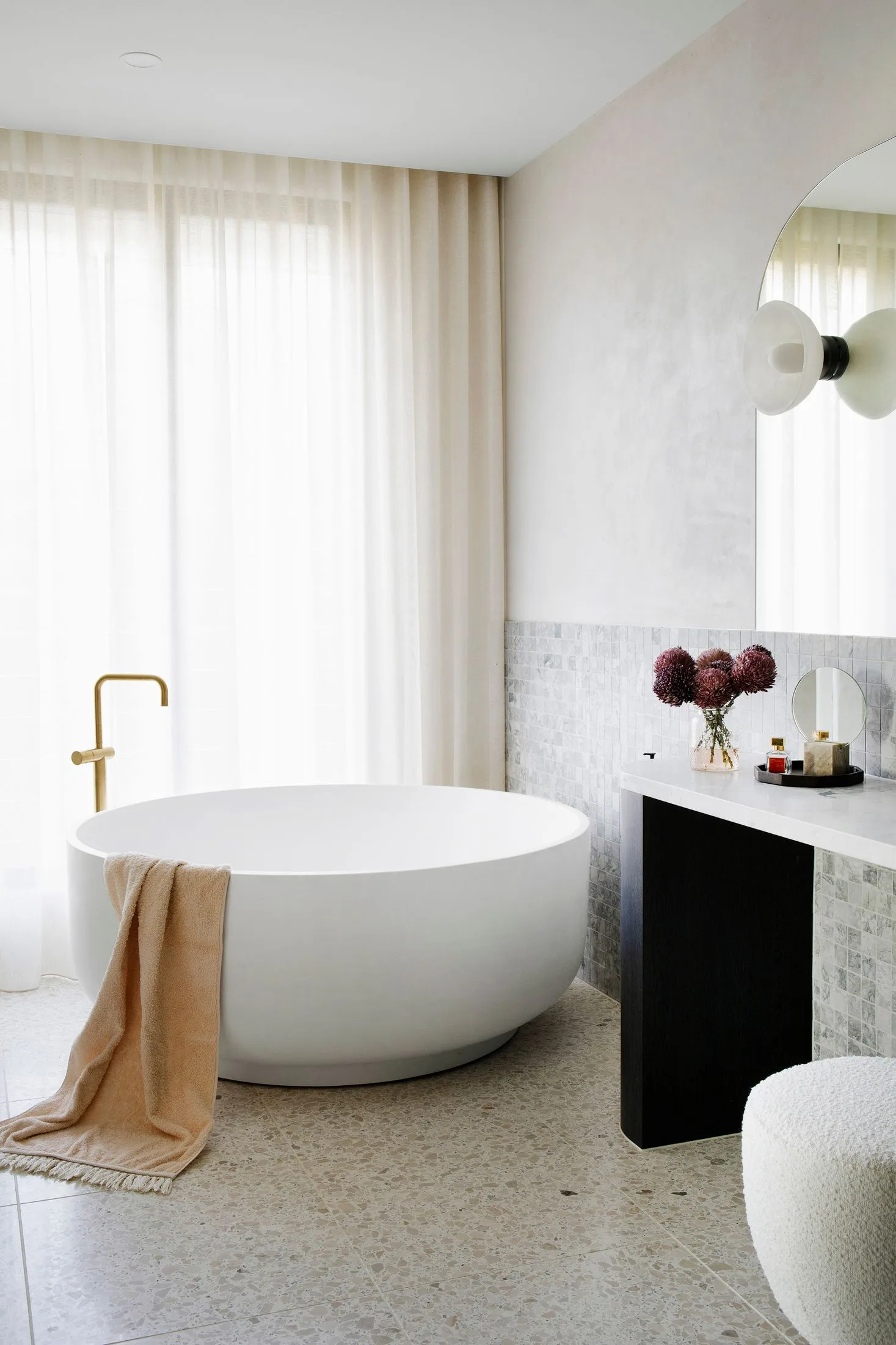 white contemporary bathroom terrazzo tile floor round bathtub