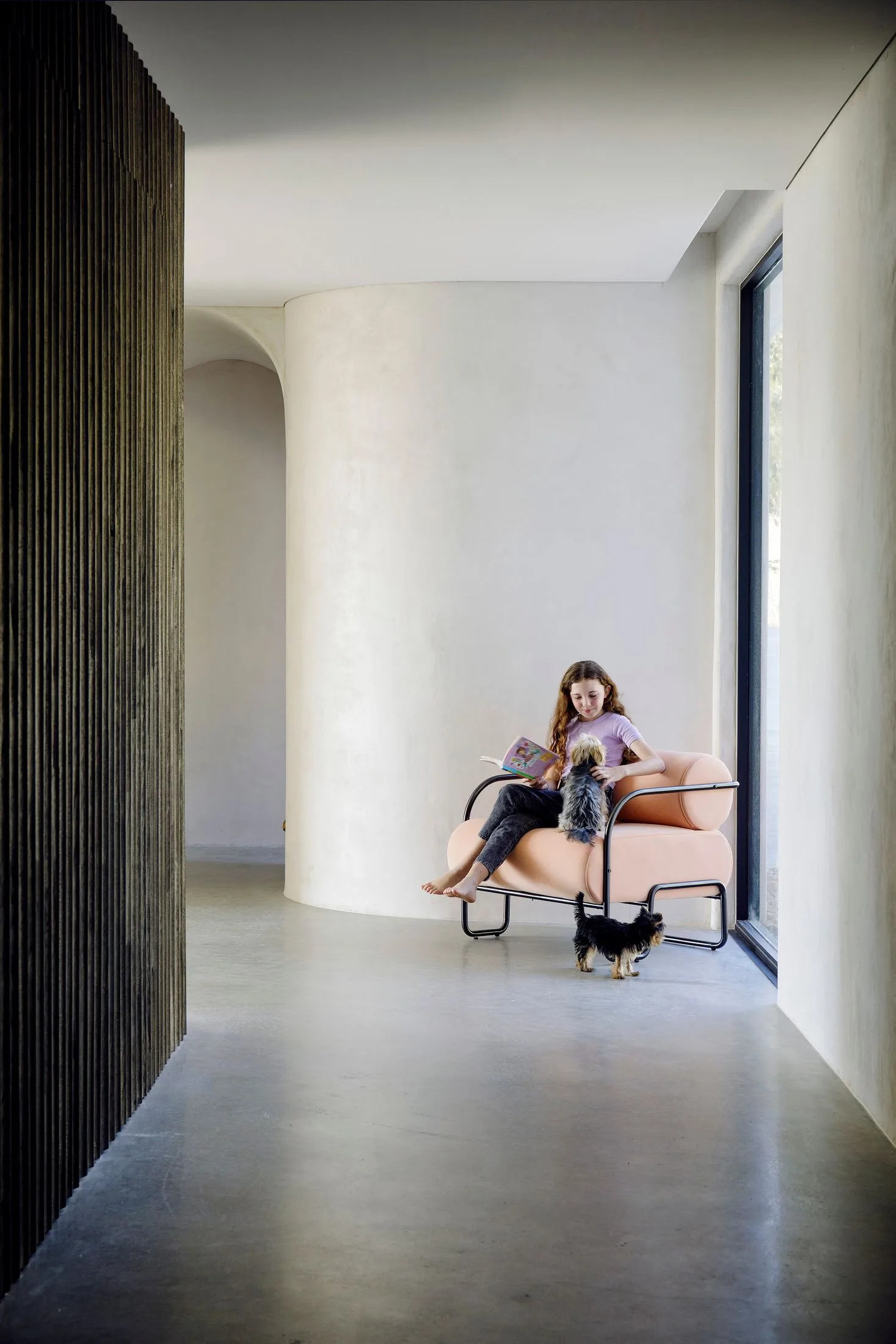 timber lined hallway with curved walls