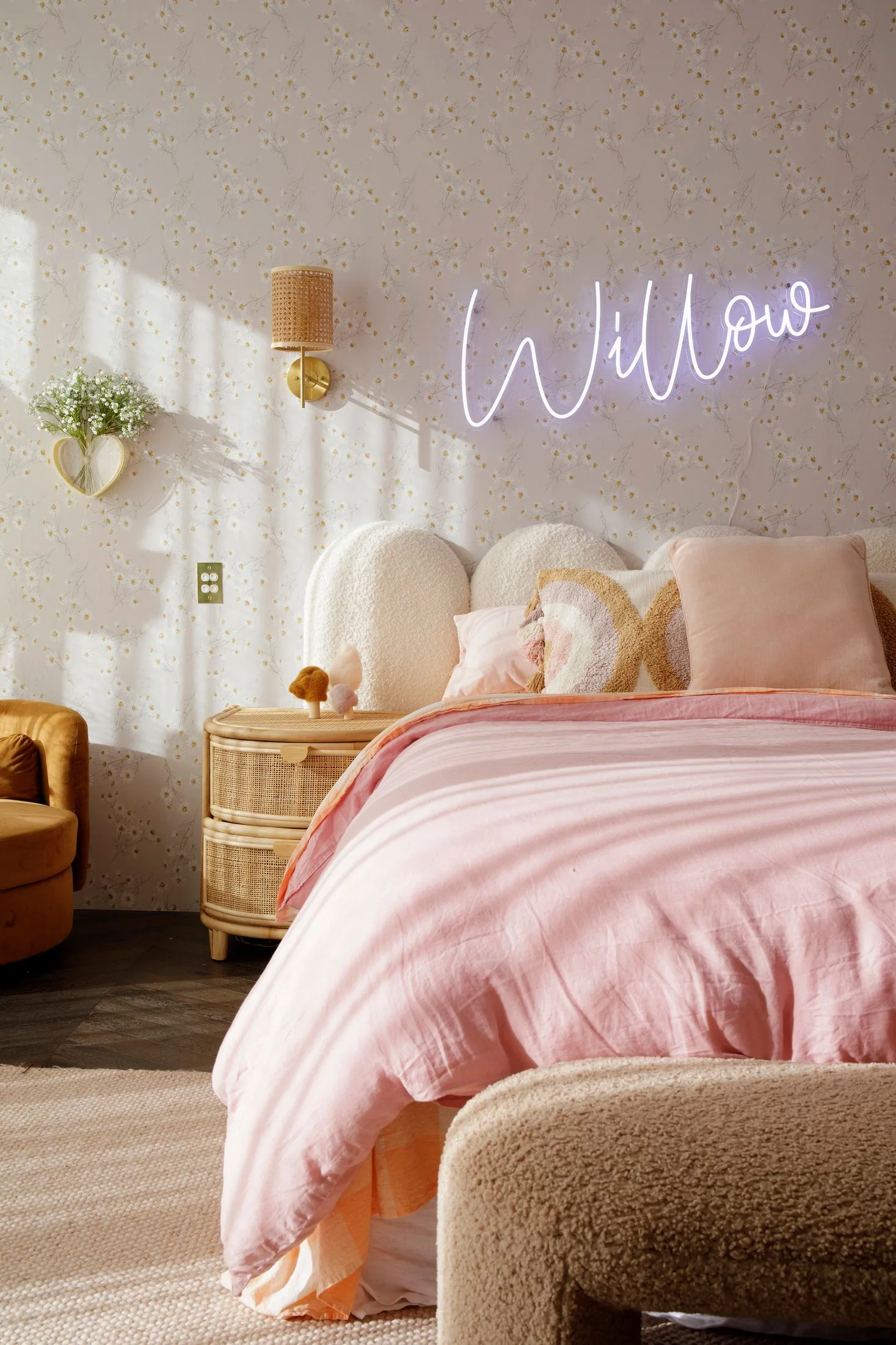 pink kids room with fluoro light