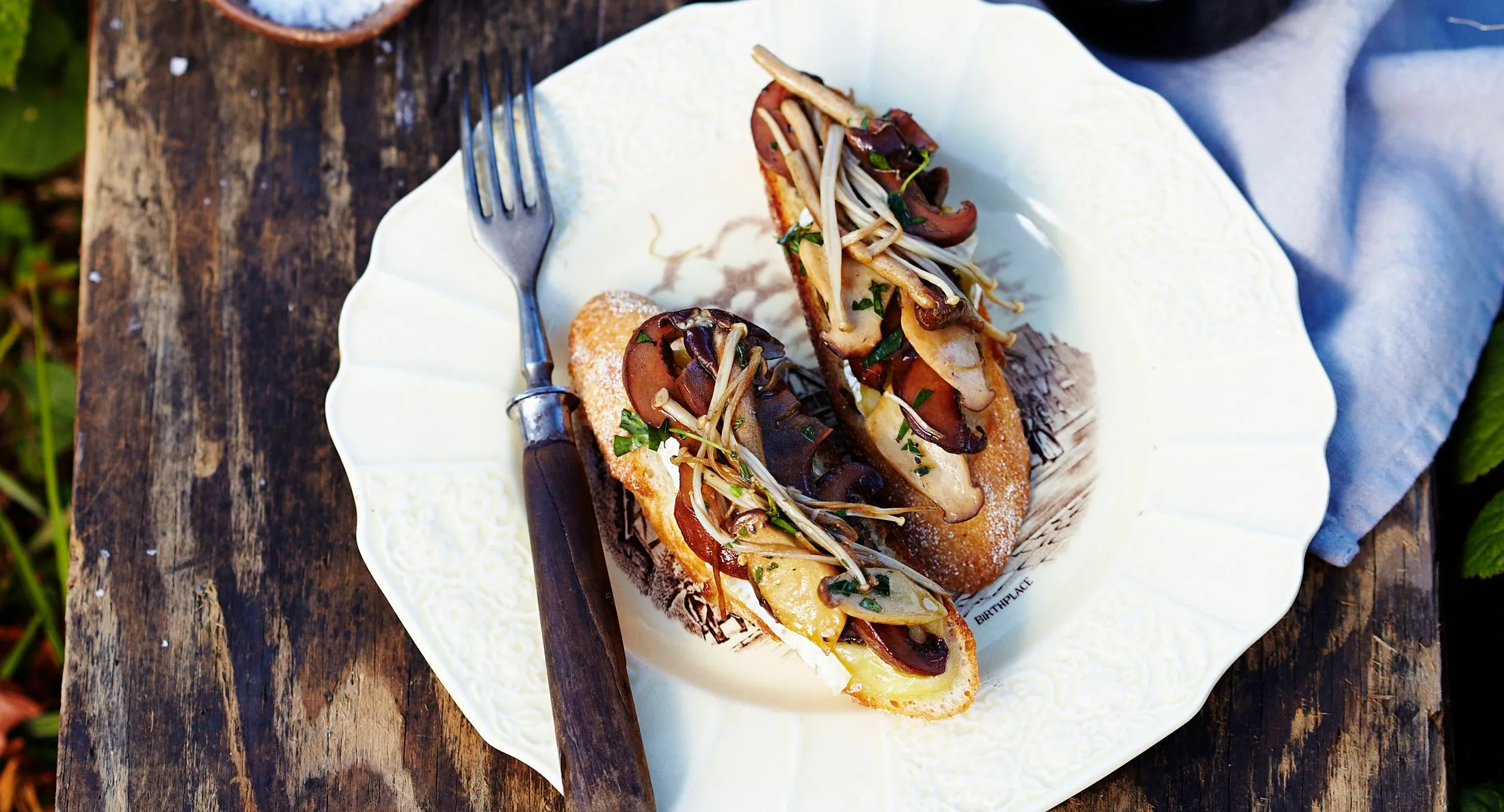 Toasted bread with sautéed mushrooms and herbs on a decorative plate, placed on a rustic wooden table.