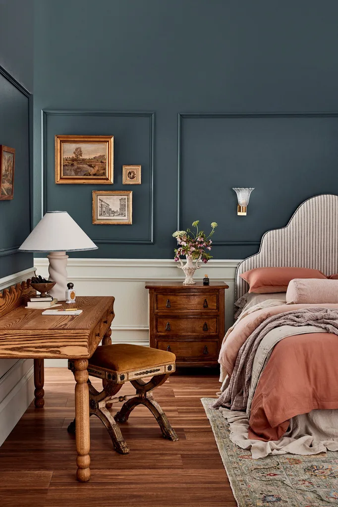 trend forecast 2023 escape to the country bedroom bedhead teal wainscoting walls