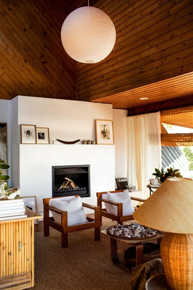 living room with timber-lined ceiling