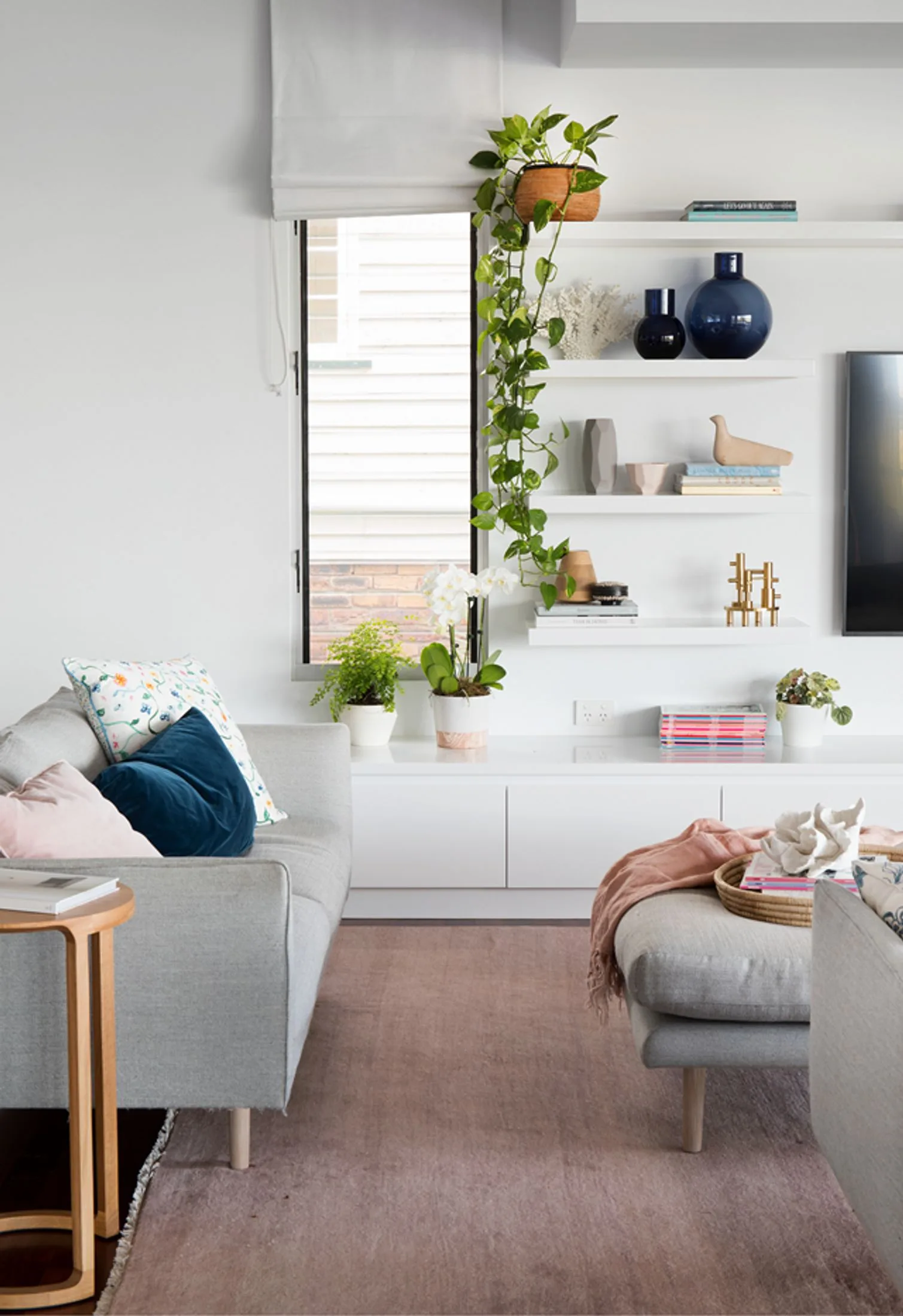 floating bookshelves with indoor plants and entertainment unit