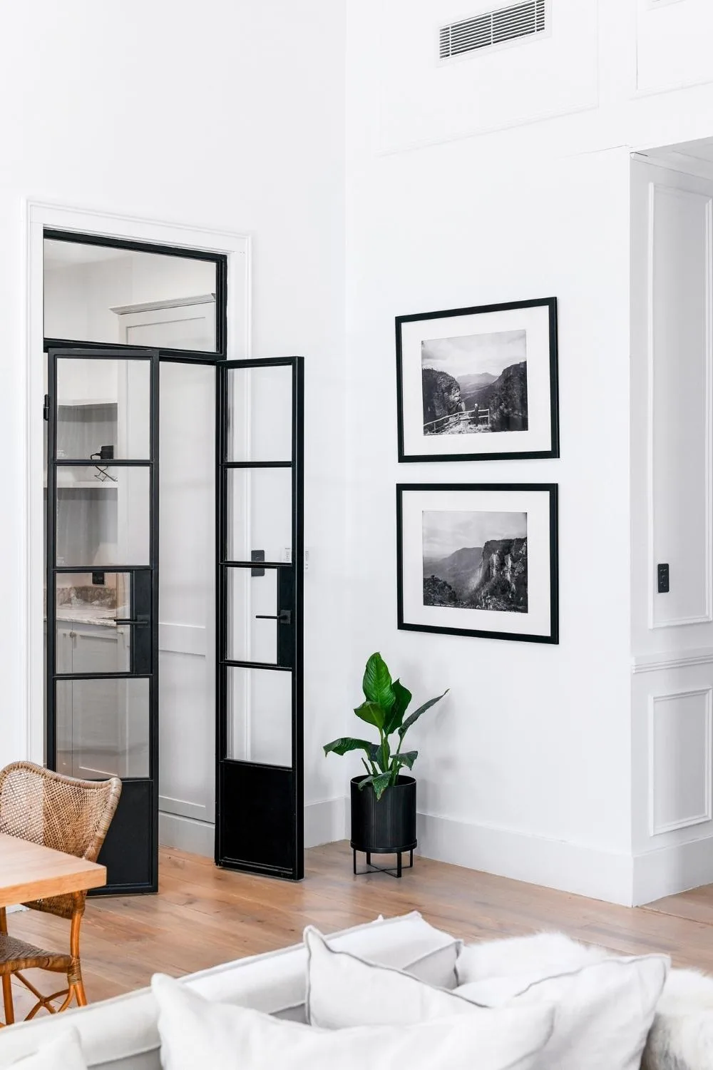 Monochrome living room with potted peace lily in the corner