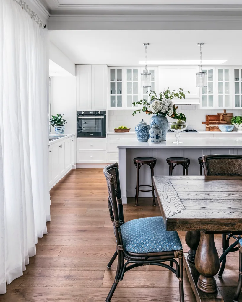 Hamptons kitchen dining room with timber dining table