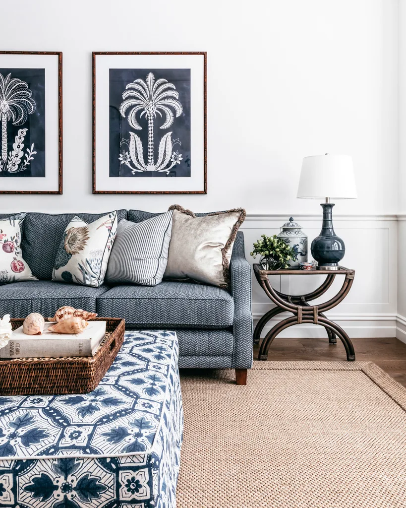 Hamptons style living room with blue and white patterned ottoman