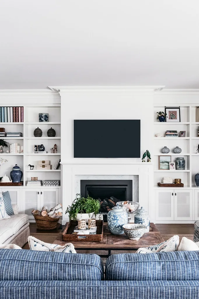 Hamptons style living room with fireplace