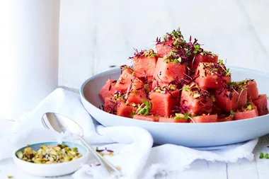 Watermelon with pistachio, nigella seeds and cardamom