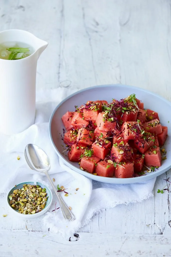 Watermelon with pistachio, nigella seeds and cardamom