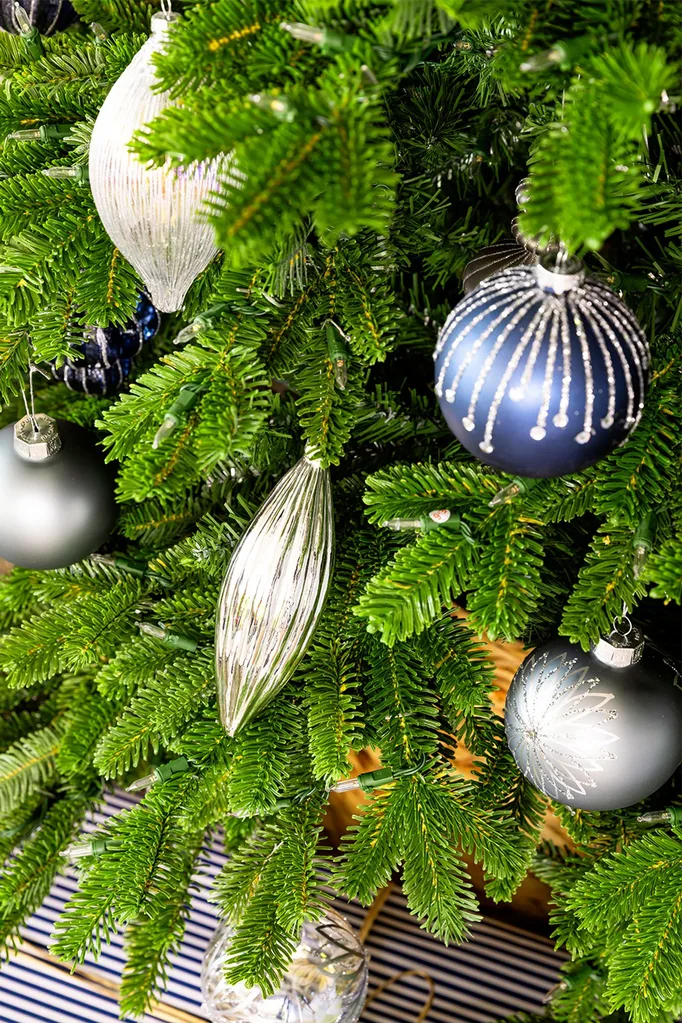 Balsam Hill Christmas tree decorated in silver and blue