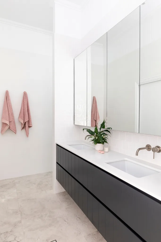 Modern bathroom with peace lily on vanity