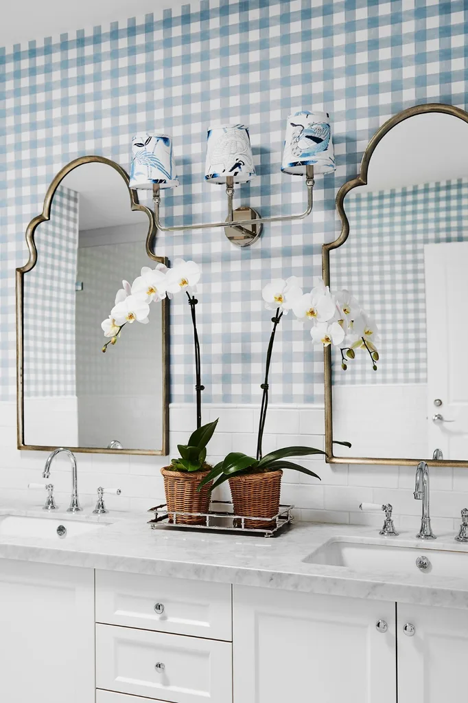 Pair of white orchid plants in a blue and white bathroom