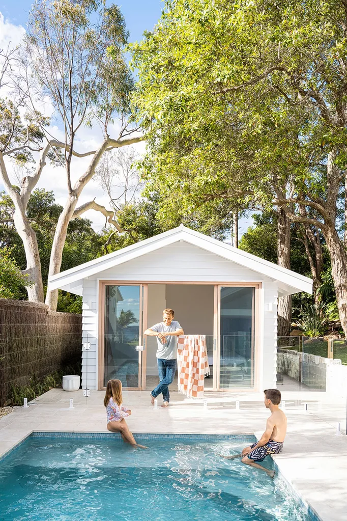 Swimming pool with cabana in bushland setting